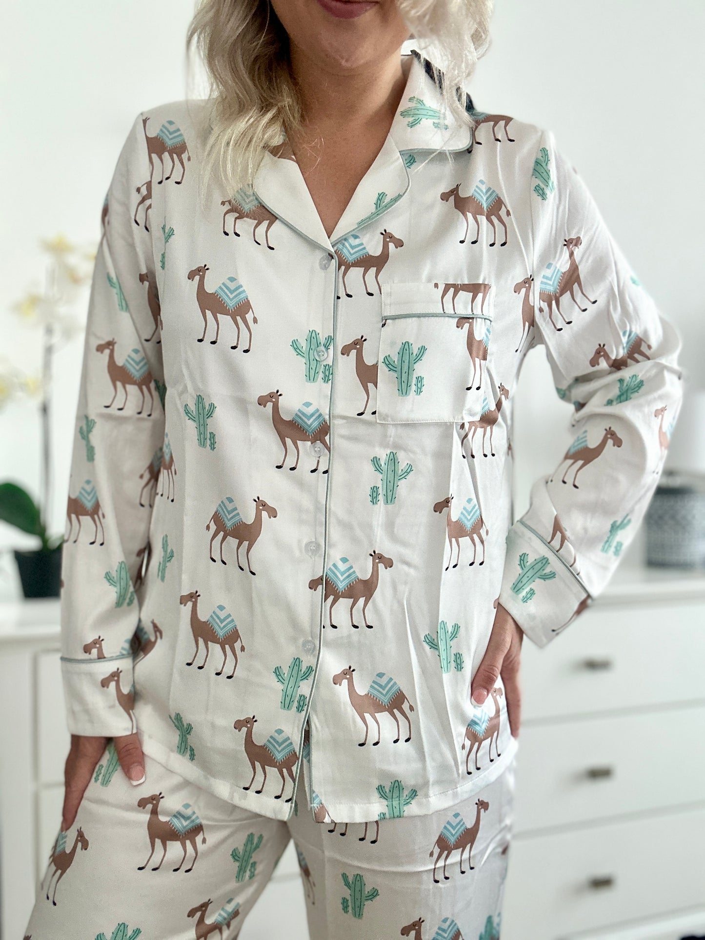 Satin Camel Pyjama set with elastic bottoms- Long Set