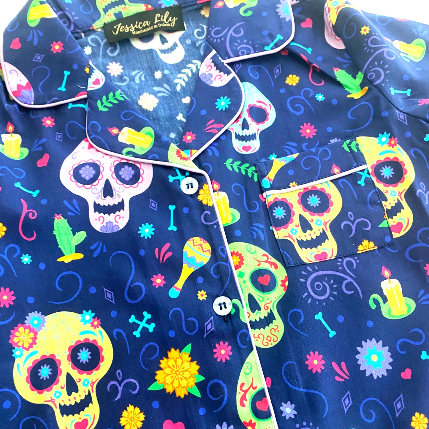 Blue Sugar Skull Pyjama set with elastic bottoms