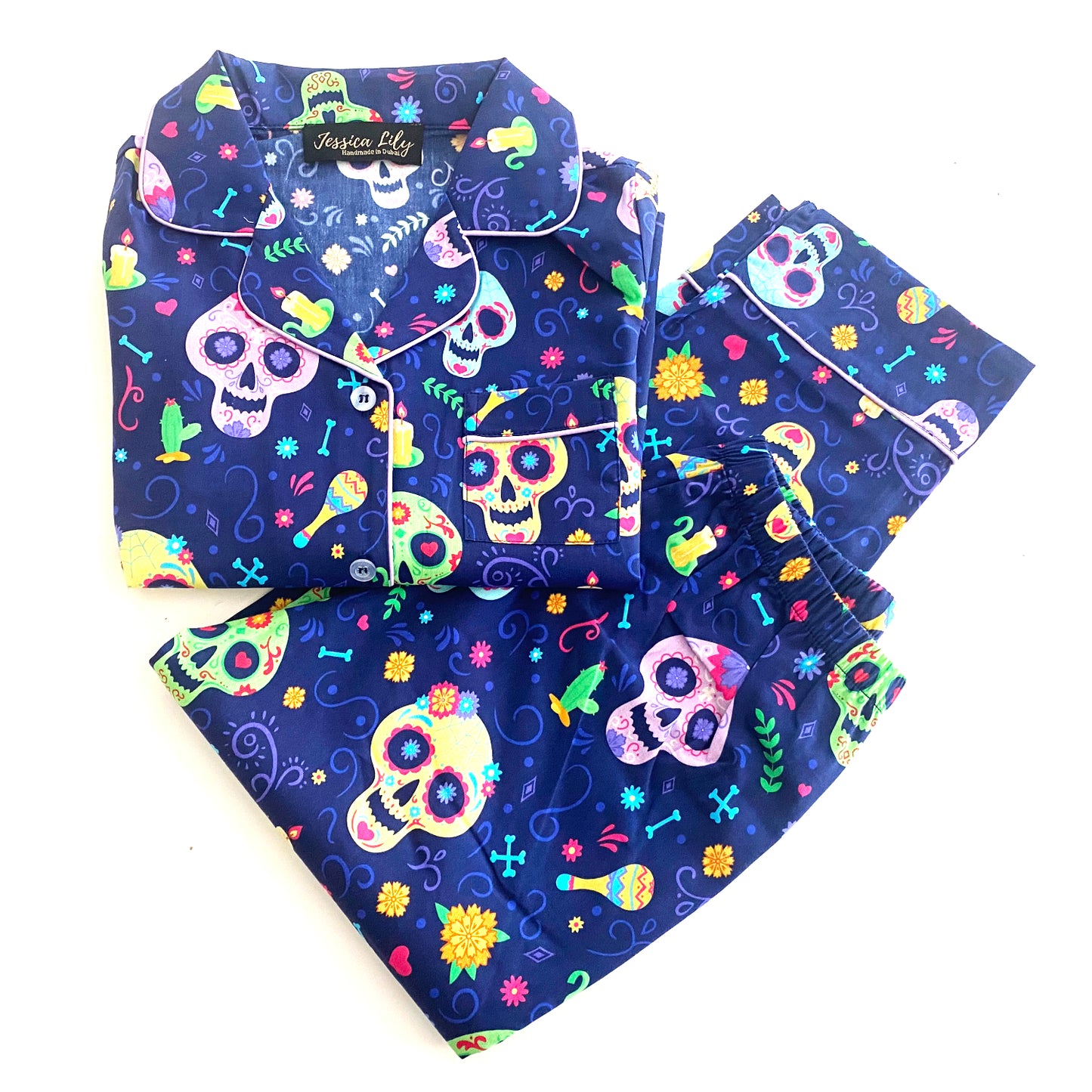 Blue Sugar Skull Pyjama set with elastic bottoms